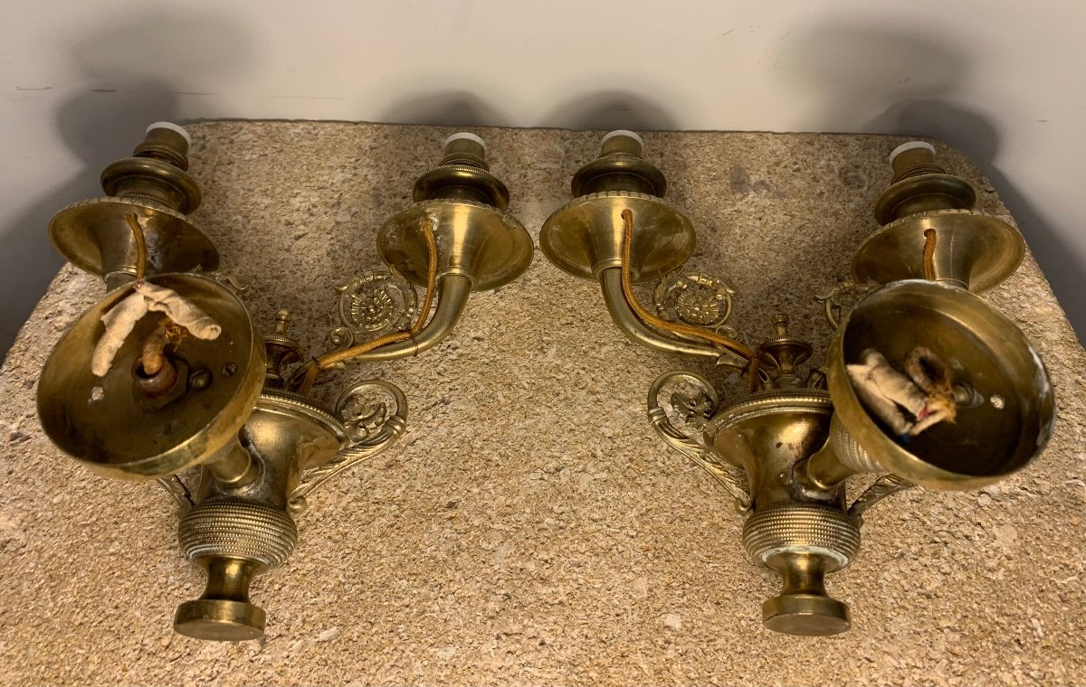 Pair Of Brass  Sconces With Empire Style Cassolettes, Early 20th Century-photo-1
