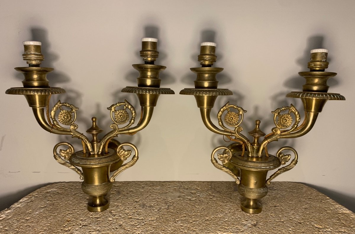Pair Of Brass  Sconces With Empire Style Cassolettes, Early 20th Century