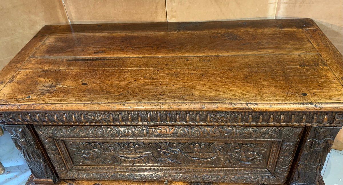 Norman Carved Oak Wedding Chest, Louis 13th Period-photo-3