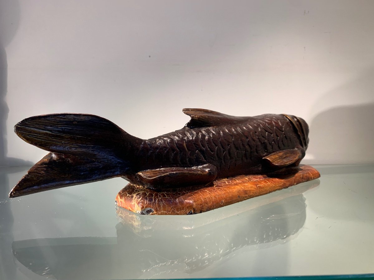 Polychrome Carved Wooden Fish, Object Of Curiosity, 19th Or Early Period.-photo-3