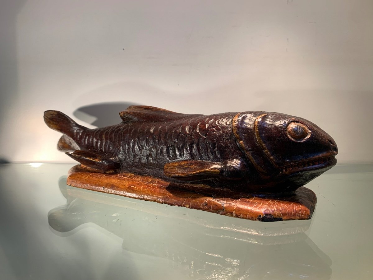 Polychrome Carved Wooden Fish, Object Of Curiosity, 19th Or Early Period.-photo-1