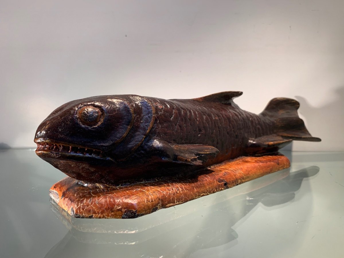 Polychrome Carved Wooden Fish, Object Of Curiosity, 19th Or Early Period.-photo-2