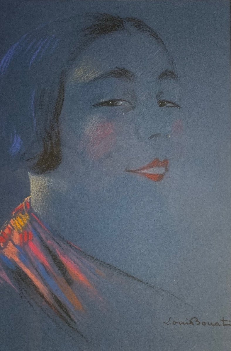 Portrait De Jeune Femme Au Pastel Par Louis Bonat, Années 1930-photo-2