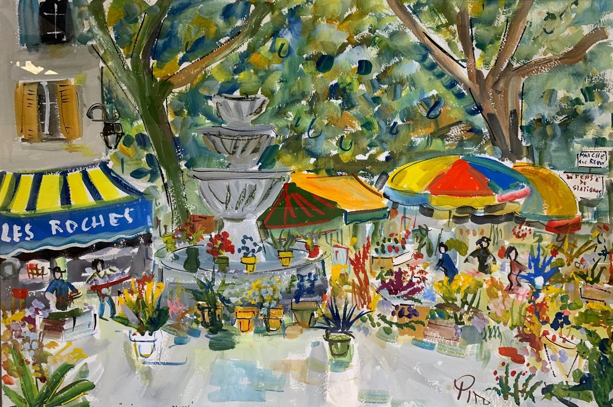 Gouache Le Marché Aux Fleurs De la Ville De Grasse Par Pito, Années 1970-photo-2