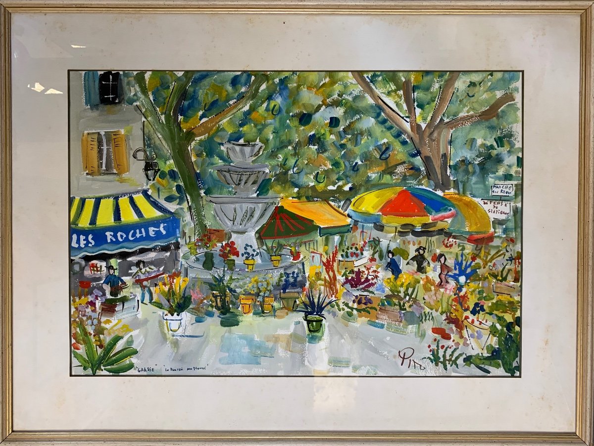 Gouache Le Marché Aux Fleurs De la Ville De Grasse Par Pito, Années 1970