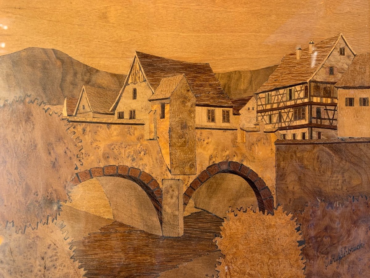 Marquetry Landscape View Of The Fortified Bridge Of Kaysesberg By Joseph Aufderbruck, Early 20th Century-photo-2