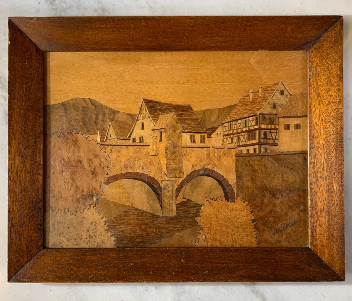 Paysage Marqueté Vue Du Pont Fortifié De Kaysesberg Par Joseph Aufderbruck, Epoque Début XXe