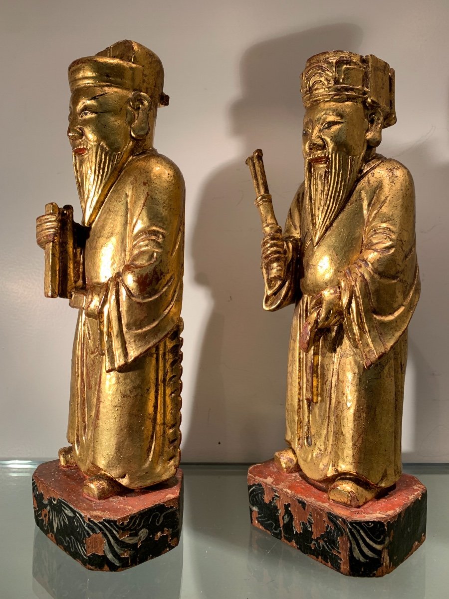 Paire De Statuettes Chinoises En Bois Doré, Epoque Fin XIXème-photo-2