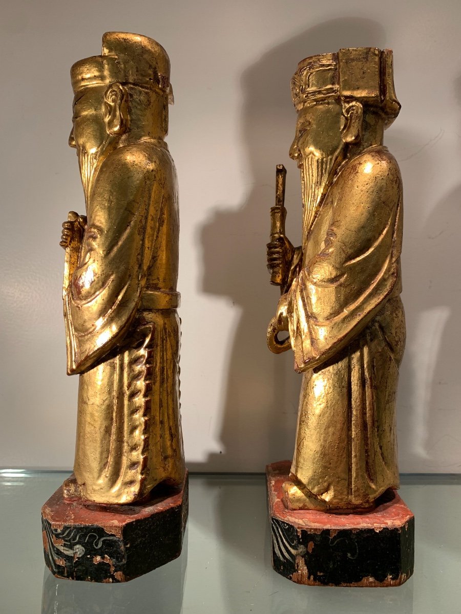 Paire De Statuettes Chinoises En Bois Doré, Epoque Fin XIXème-photo-3