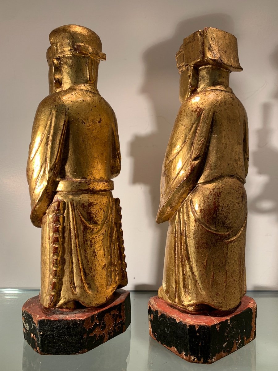 Paire De Statuettes Chinoises En Bois Doré, Epoque Fin XIXème-photo-4