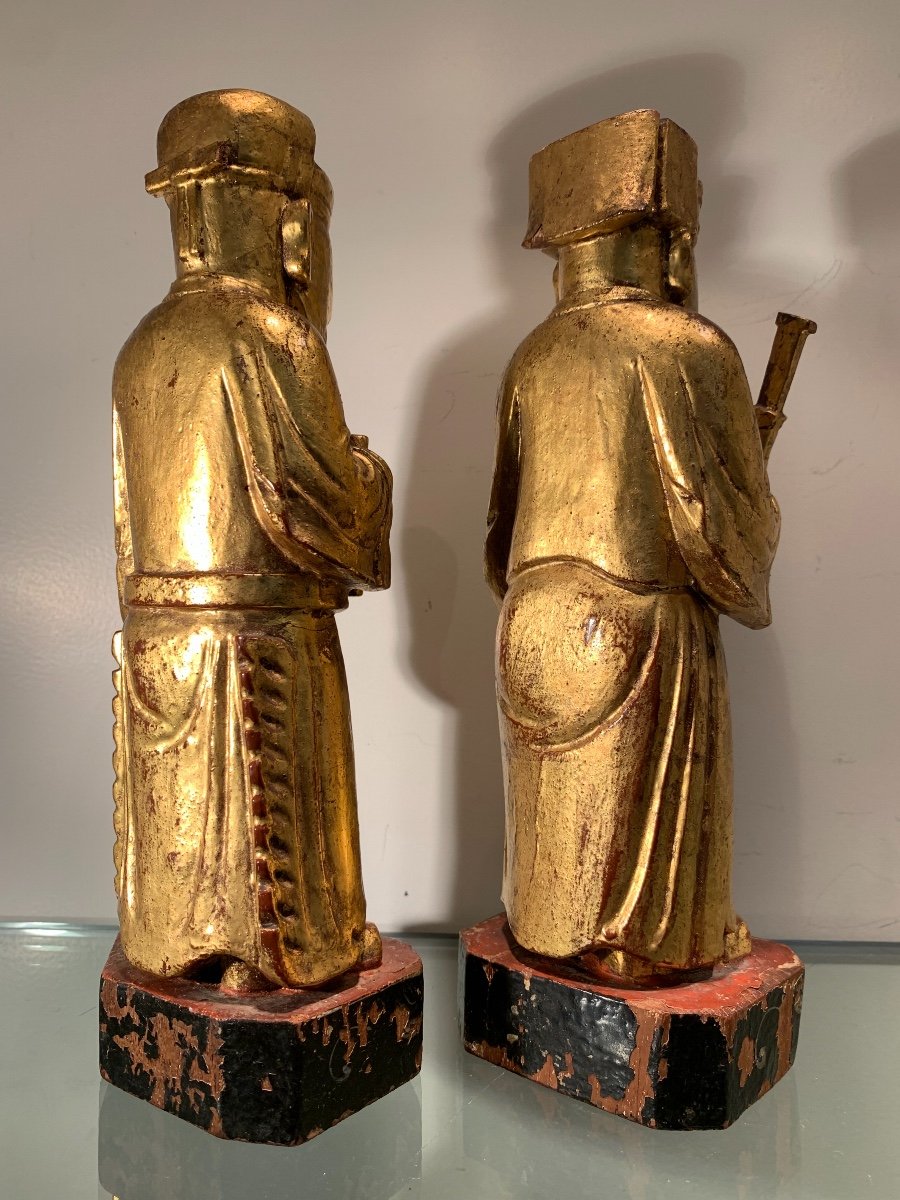 Paire De Statuettes Chinoises En Bois Doré, Epoque Fin XIXème-photo-1