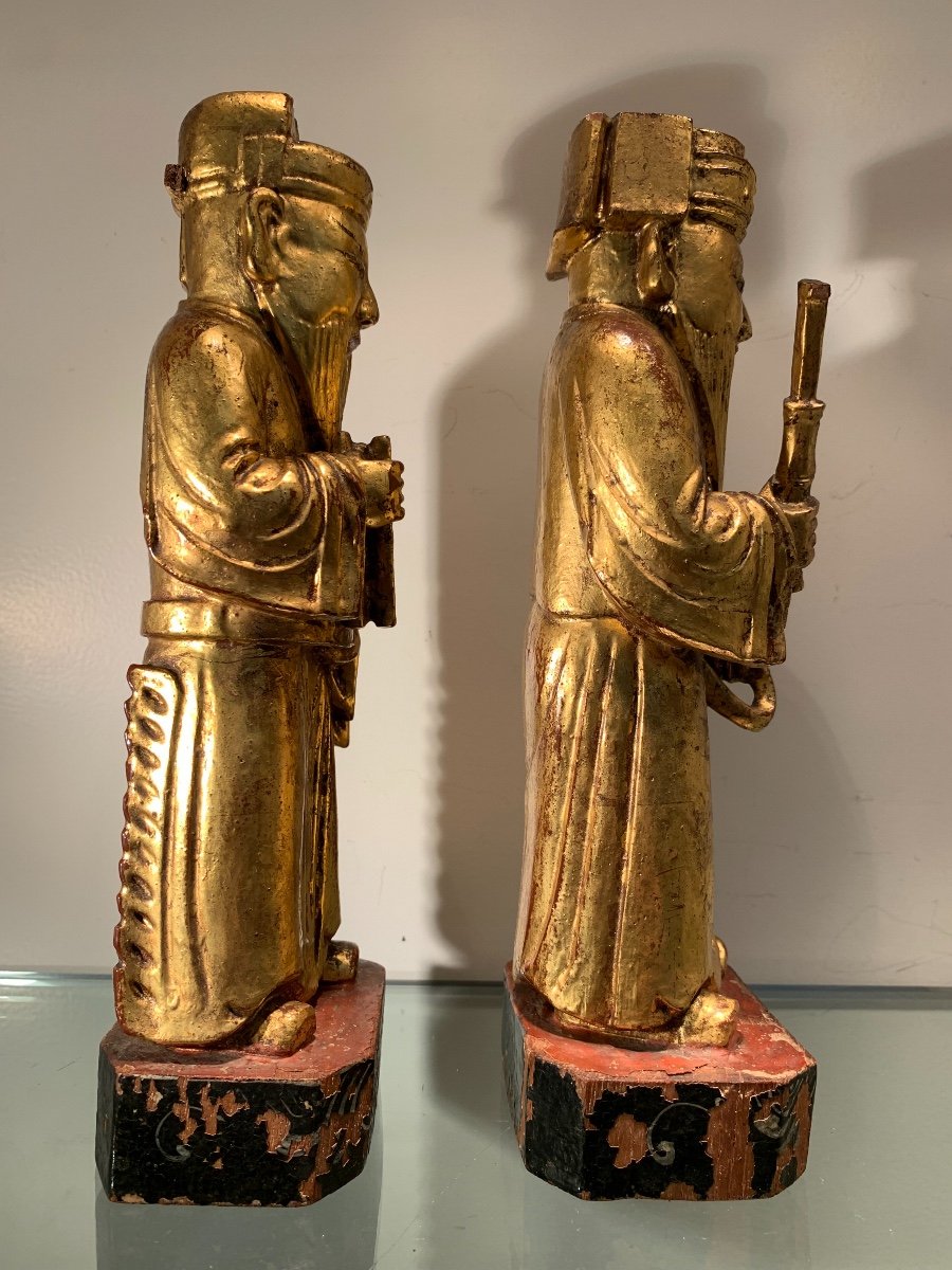 Paire De Statuettes Chinoises En Bois Doré, Epoque Fin XIXème-photo-2