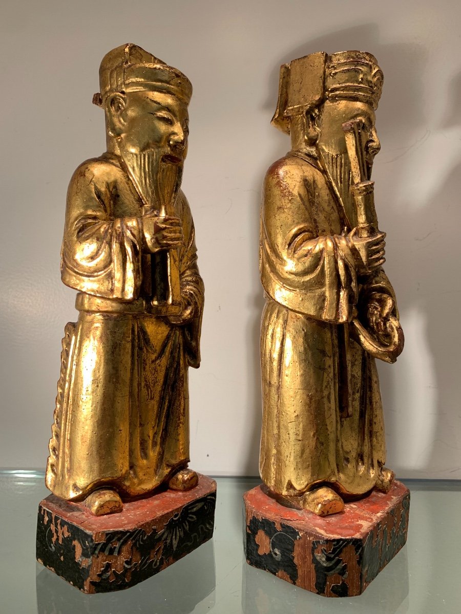 Paire De Statuettes Chinoises En Bois Doré, Epoque Fin XIXème-photo-3