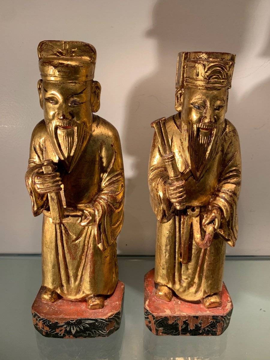 Paire De Statuettes Chinoises En Bois Doré, Epoque Fin XIXème-photo-4