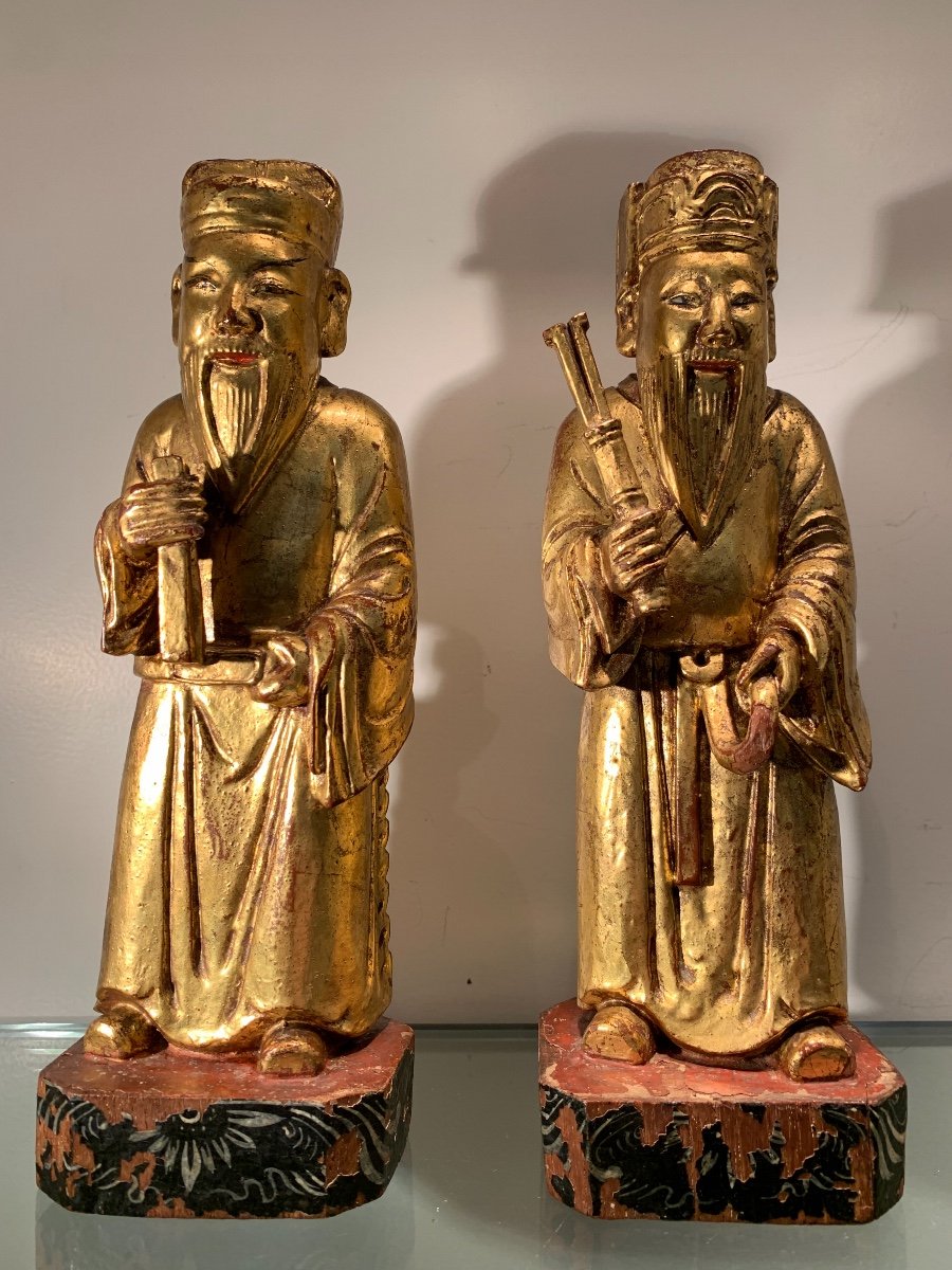 Paire De Statuettes Chinoises En Bois Doré, Epoque Fin XIXème