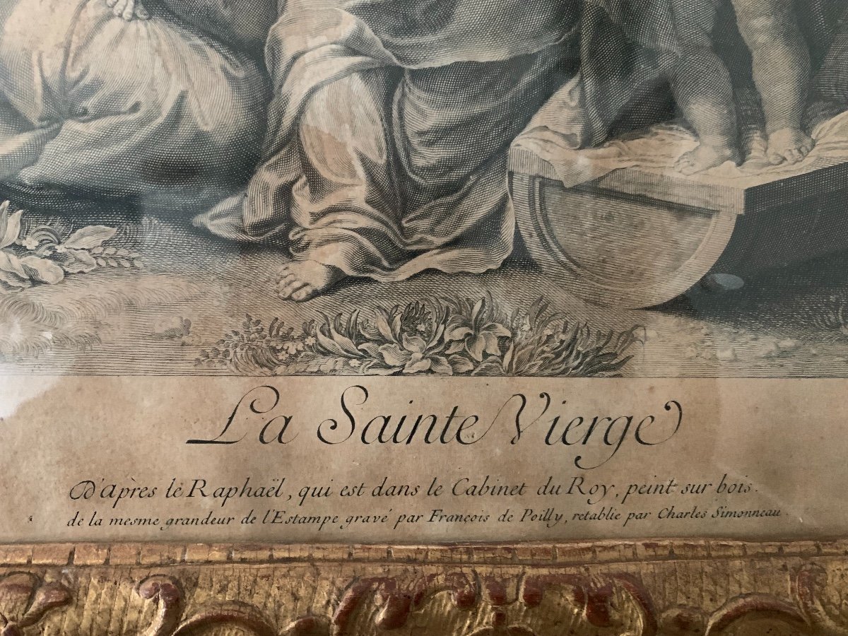 Gravure De La Sainte Vierge d'Après Raphael Et Son Cadre En Bois Doré d'Epoque Louis XIV-photo-2