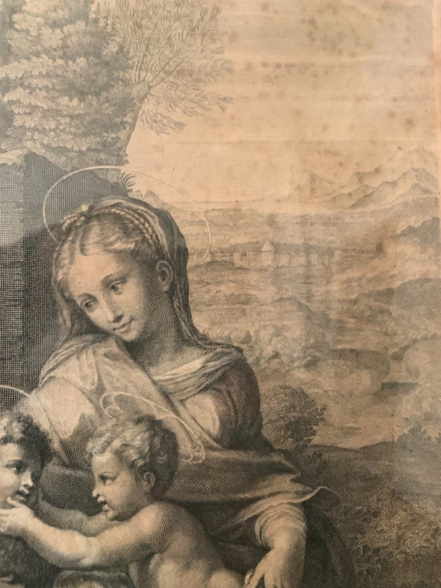 Gravure De La Sainte Vierge d'Après Raphael Et Son Cadre En Bois Doré d'Epoque Louis XIV-photo-4