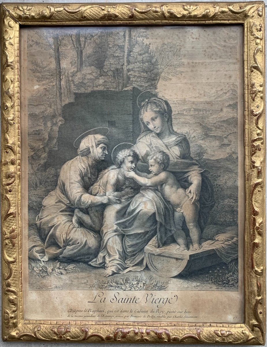 Gravure De La Sainte Vierge d'Après Raphael Et Son Cadre En Bois Doré d'Epoque Louis XIV