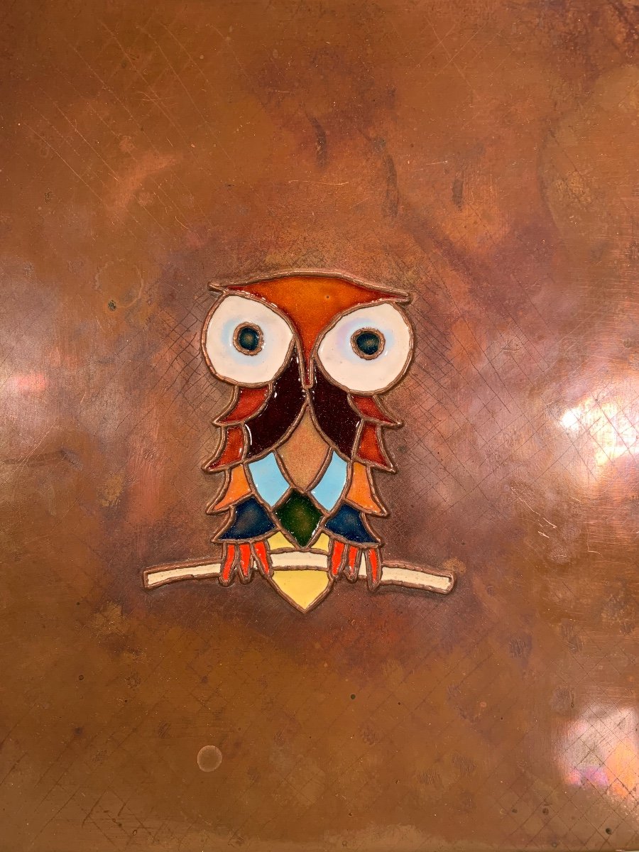 Enameled Copper Plaque With Owl By Elie Pellegrin, 1960s-photo-2