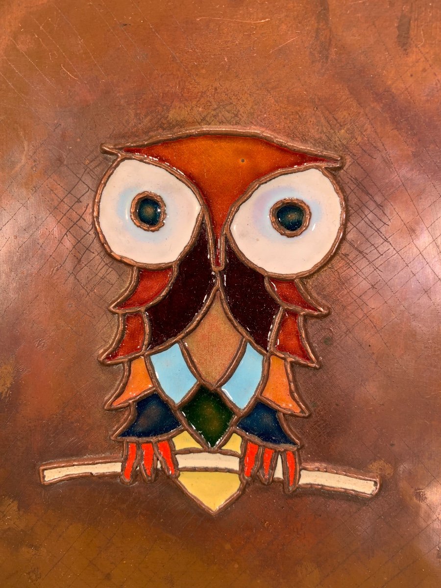 Enameled Copper Plaque With Owl By Elie Pellegrin, 1960s-photo-3