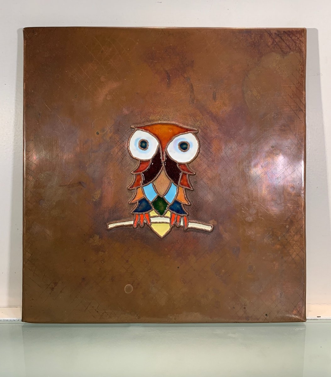 Plaque En Cuivre Emaillé Au Hibou Par Elie Pellegrin, Années 1960