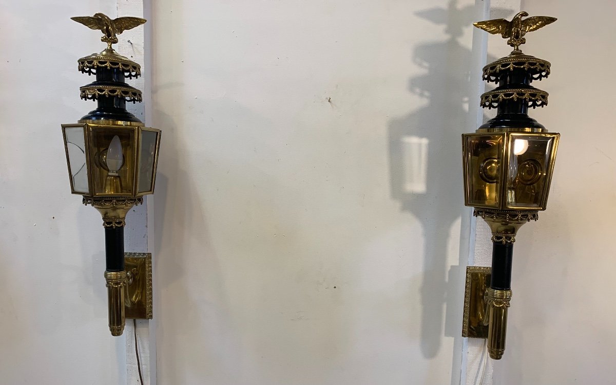 Pair Of Large Coach Lanterns Mounted As Wall Lights, Late 19th Century-photo-3