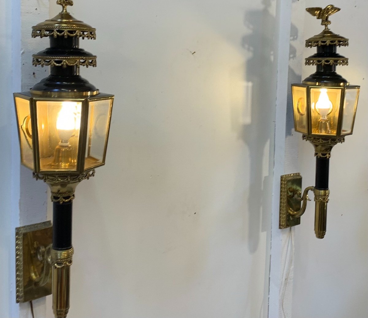 Pair Of Large Coach Lanterns Mounted As Wall Lights, Late 19th Century-photo-2