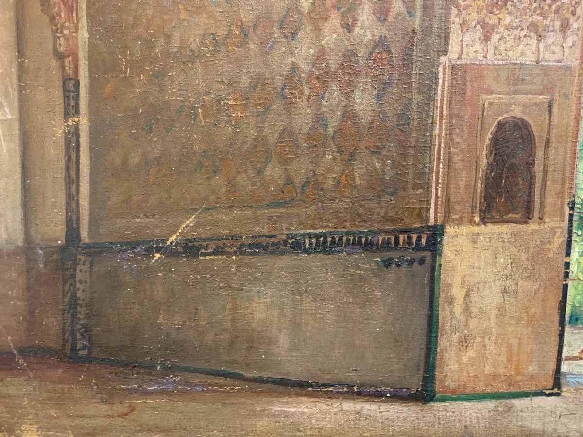 Large Orientalist Oil On Canvas, Interior Of The Alhambra, Late 19th Century-photo-2