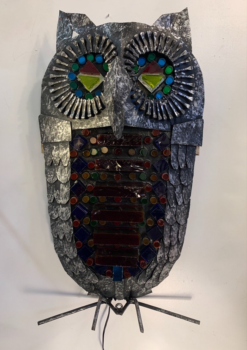 Important Glass And Wrought Iron Owl Wall Lamp, Anonymous, 1950s/1960s-photo-2