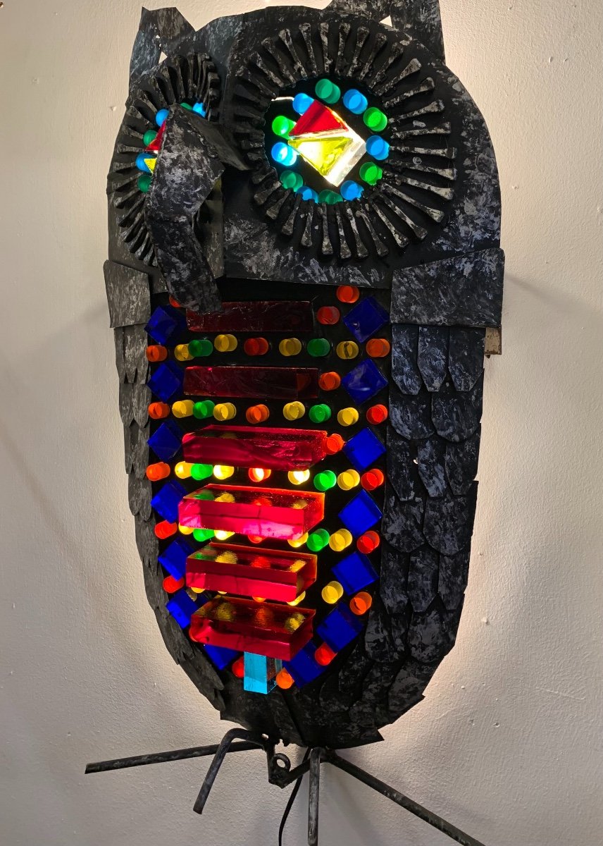 Important Glass And Wrought Iron Owl Wall Lamp, Anonymous, 1950s/1960s-photo-4