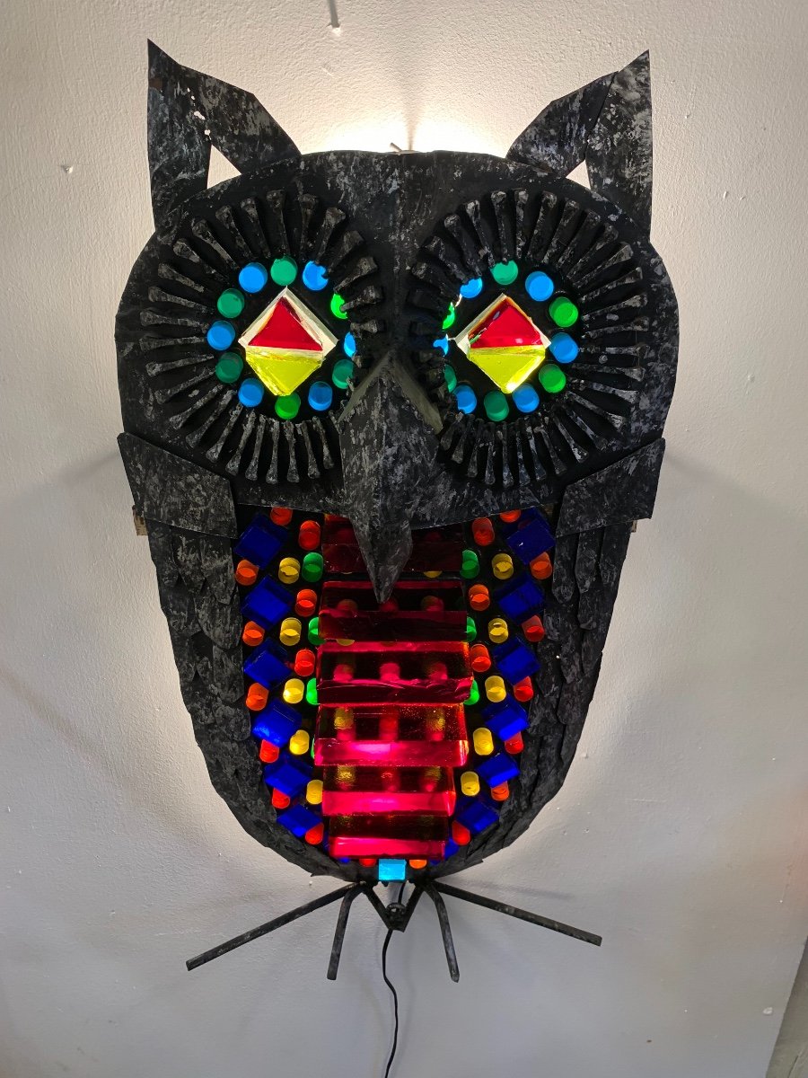 Important Glass And Wrought Iron Owl Wall Lamp, Anonymous, 1950s/1960s-photo-1