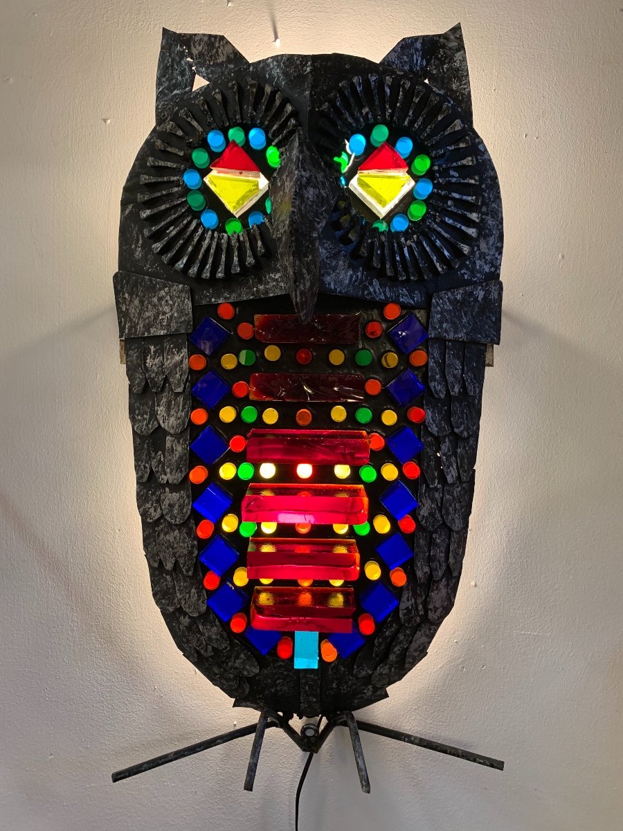 Important Glass And Wrought Iron Owl Wall Lamp, Anonymous, 1950s/1960s