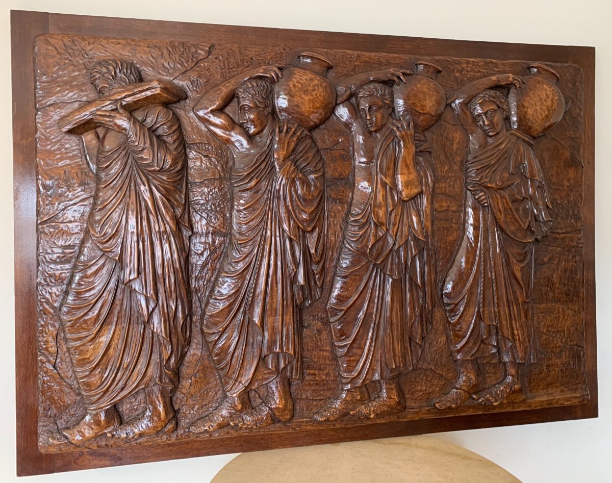 Large Antique Walnut Panel Carved By H.rozier, 1930s-photo-2