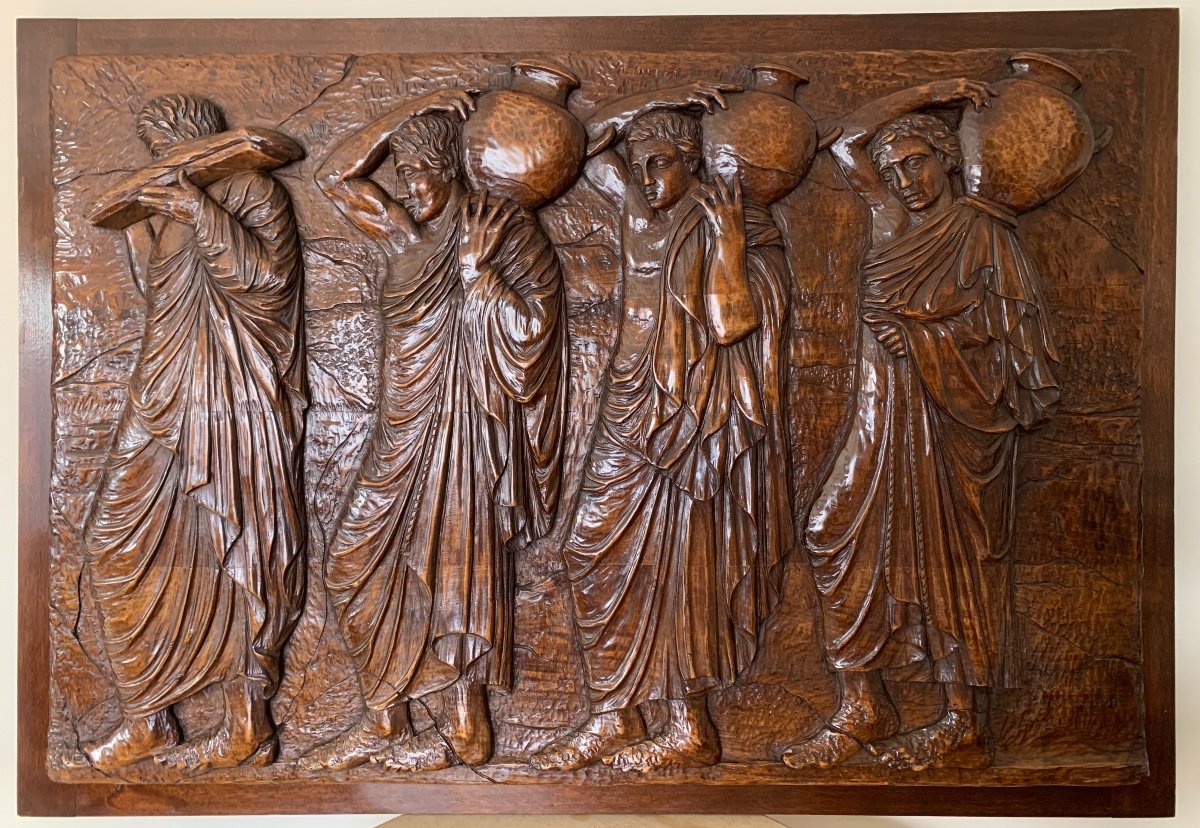 Large Antique Walnut Panel Carved By H.rozier, 1930s