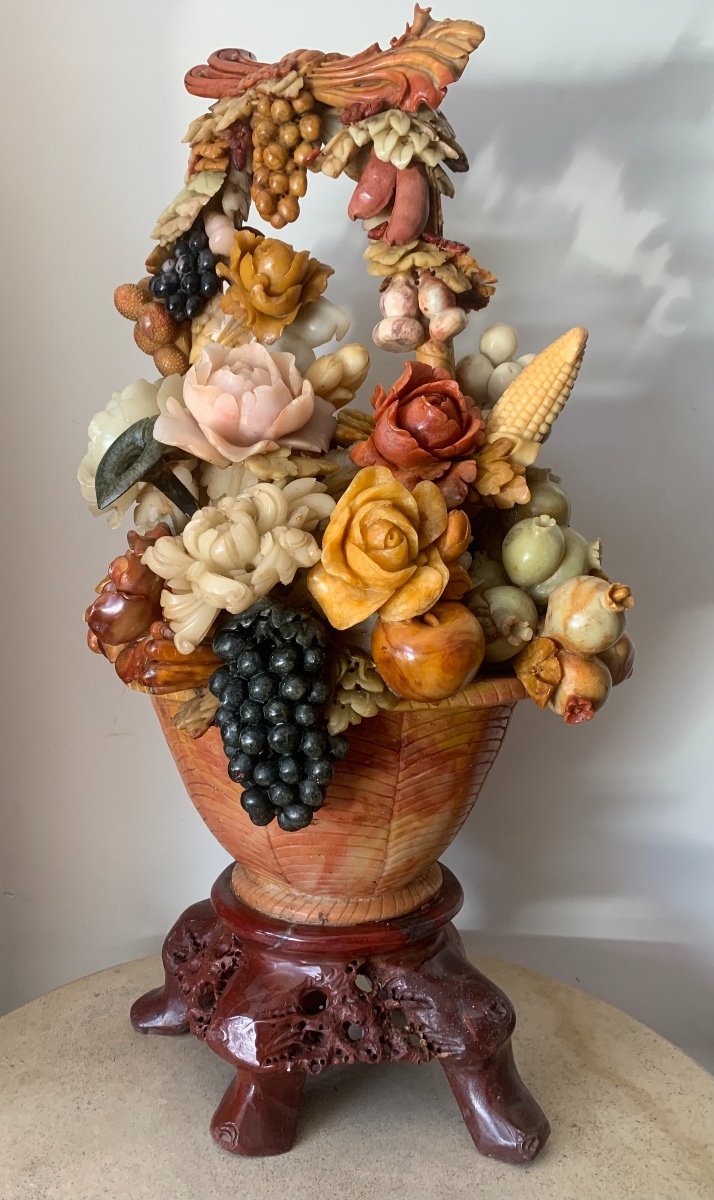 Large Basket Of Flowers, Fruits And Vegetables Carved In Steatite, China, 20th Century-photo-2