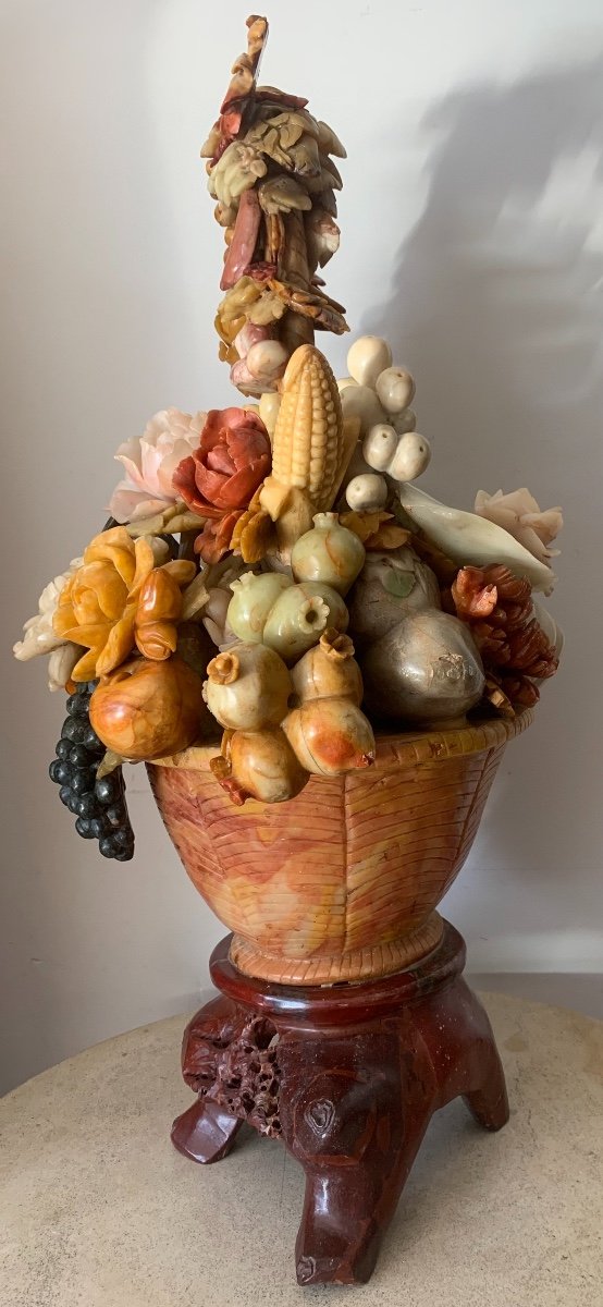 Large Basket Of Flowers, Fruits And Vegetables Carved In Steatite, China, 20th Century-photo-3