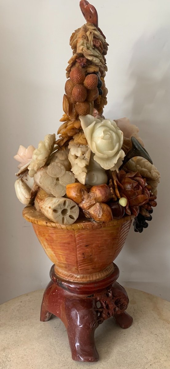 Large Basket Of Flowers, Fruits And Vegetables Carved In Steatite, China, 20th Century-photo-3