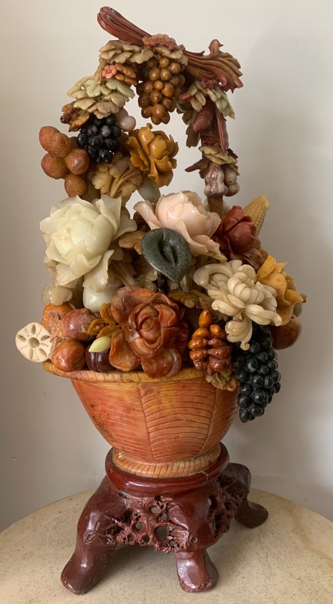 Large Basket Of Flowers, Fruits And Vegetables Carved In Steatite, China, 20th Century-photo-4