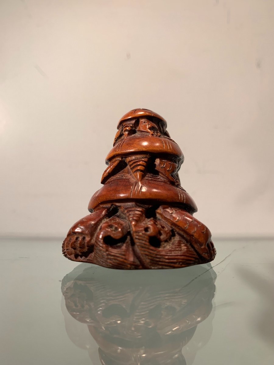 Netsuke Aux Tortues Signé, Buis Et Verre, Epoque Début XXème-photo-3