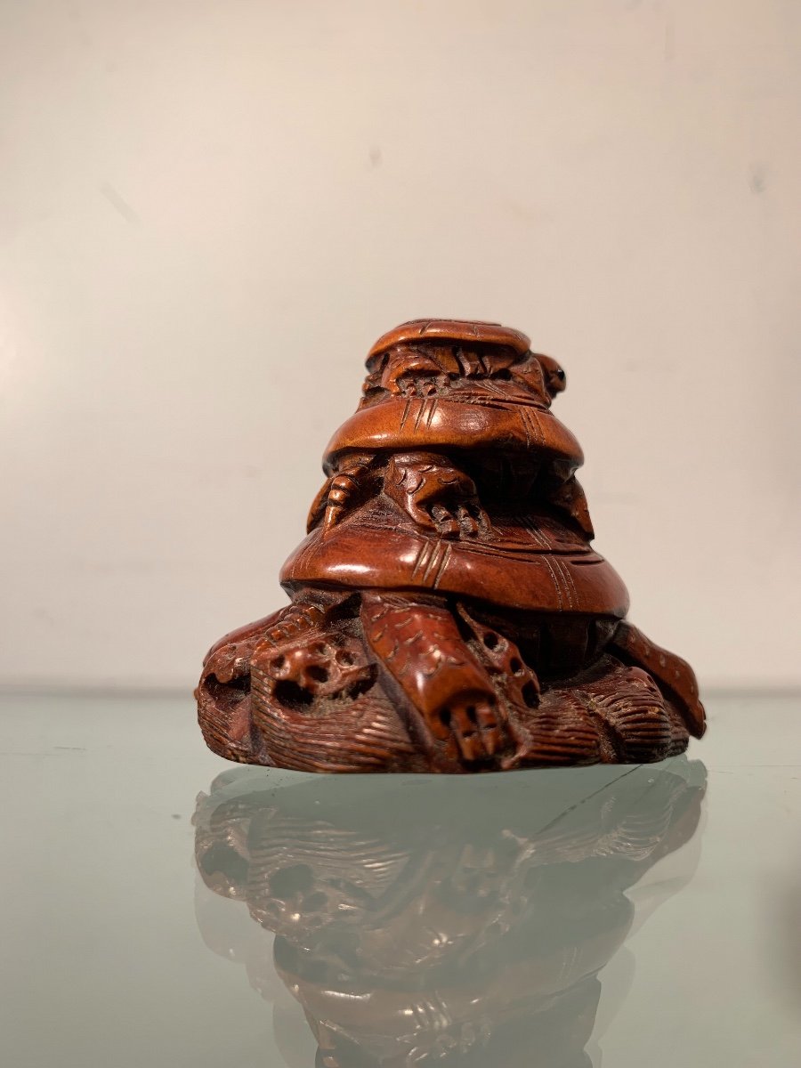 Netsuke Aux Tortues Signé, Buis Et Verre, Epoque Début XXème-photo-4