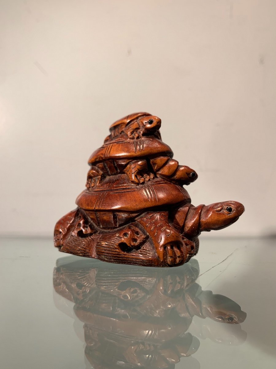 Netsuke Aux Tortues Signé, Buis Et Verre, Epoque Début XXème-photo-2