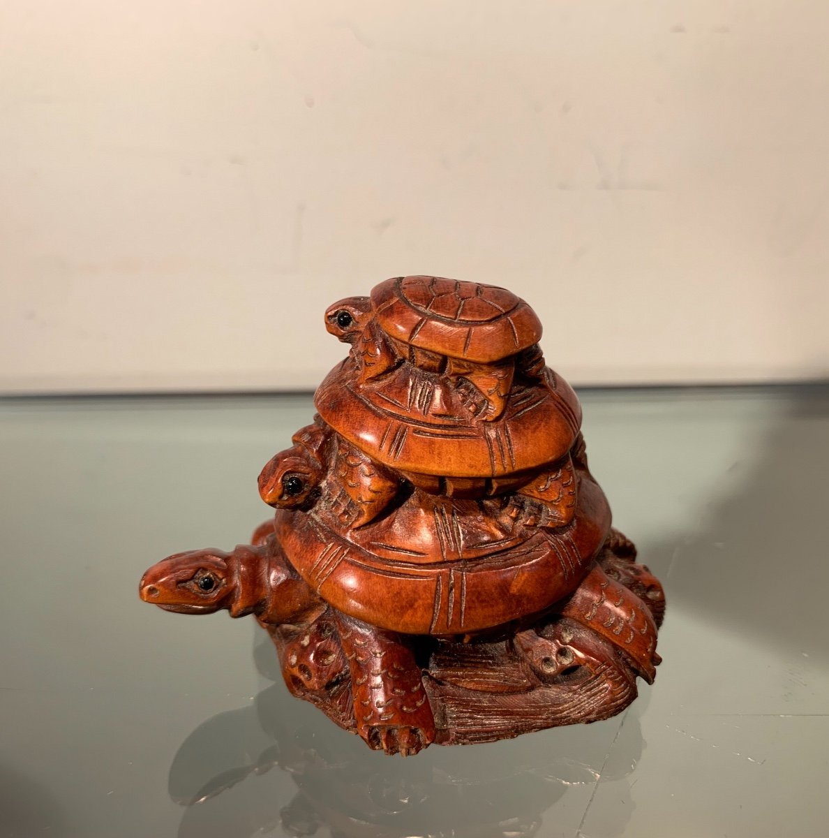 Netsuke Aux Tortues Signé, Buis Et Verre, Epoque Début XXème-photo-5