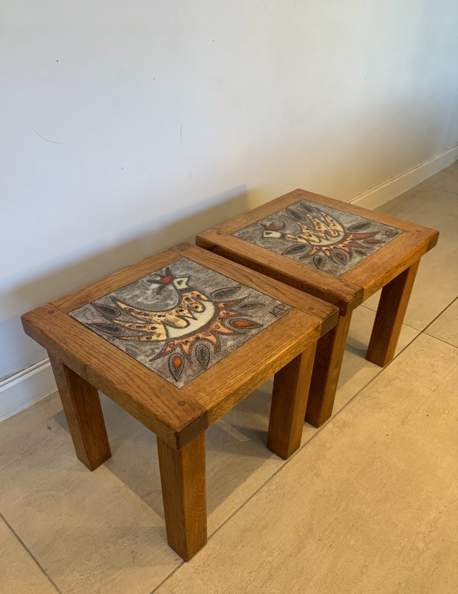 Pair Of Small Ceramic Signed Picard And Oak Coffee Tables, 1960s-photo-4