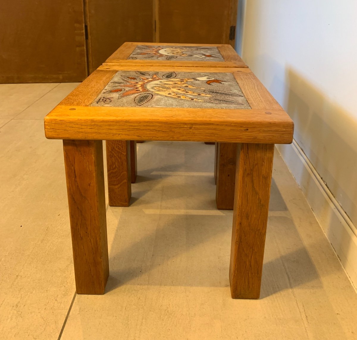 Pair Of Small Ceramic Signed Picard And Oak Coffee Tables, 1960s-photo-2