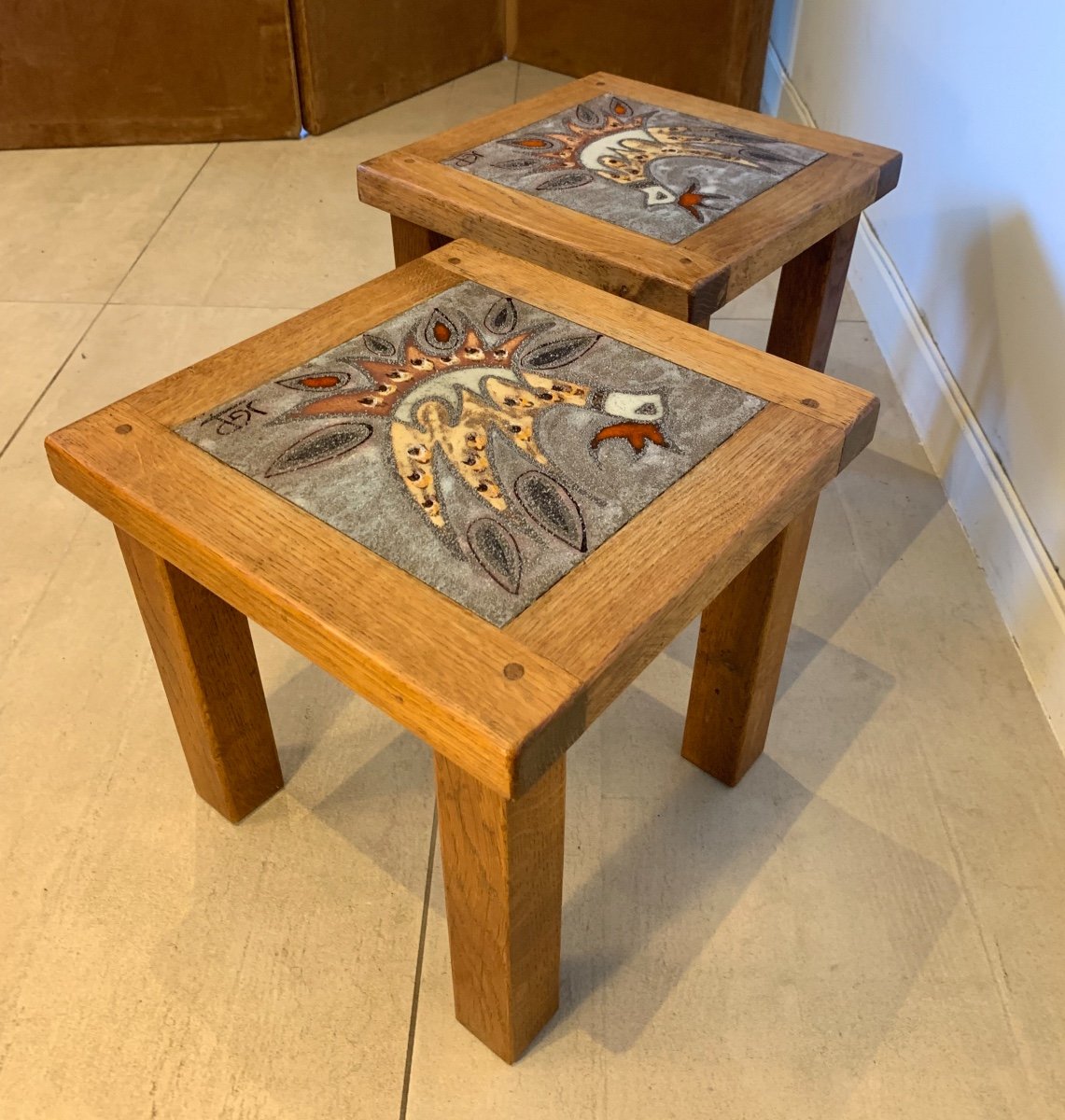 Pair Of Small Ceramic Signed Picard And Oak Coffee Tables, 1960s-photo-3