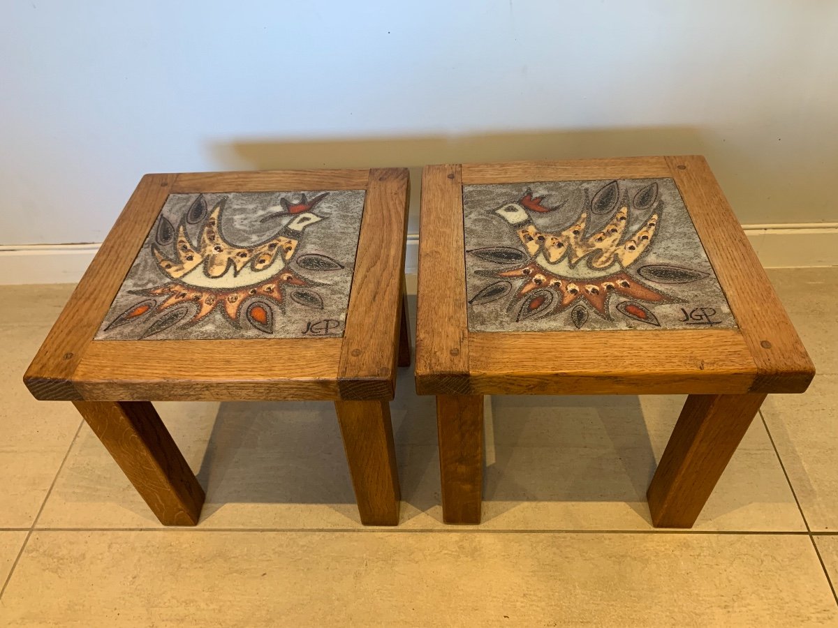 Pair Of Small Ceramic Signed Picard And Oak Coffee Tables, 1960s