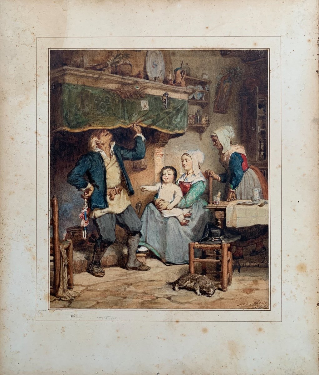 Watercolor Peasant Interior Scene Signed Admidy, 19th Century Period-photo-2