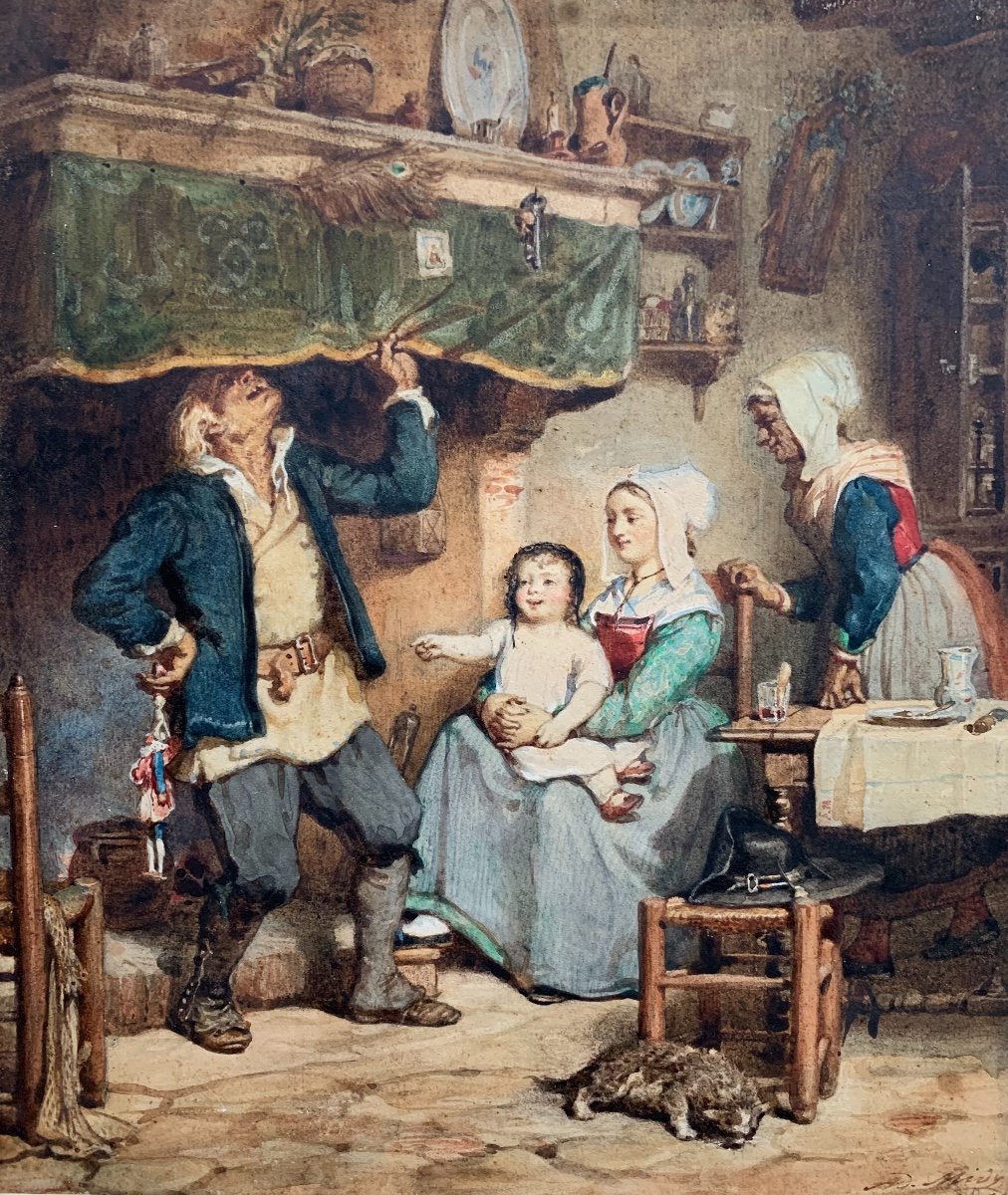 Watercolor Peasant Interior Scene Signed Admidy, 19th Century Period