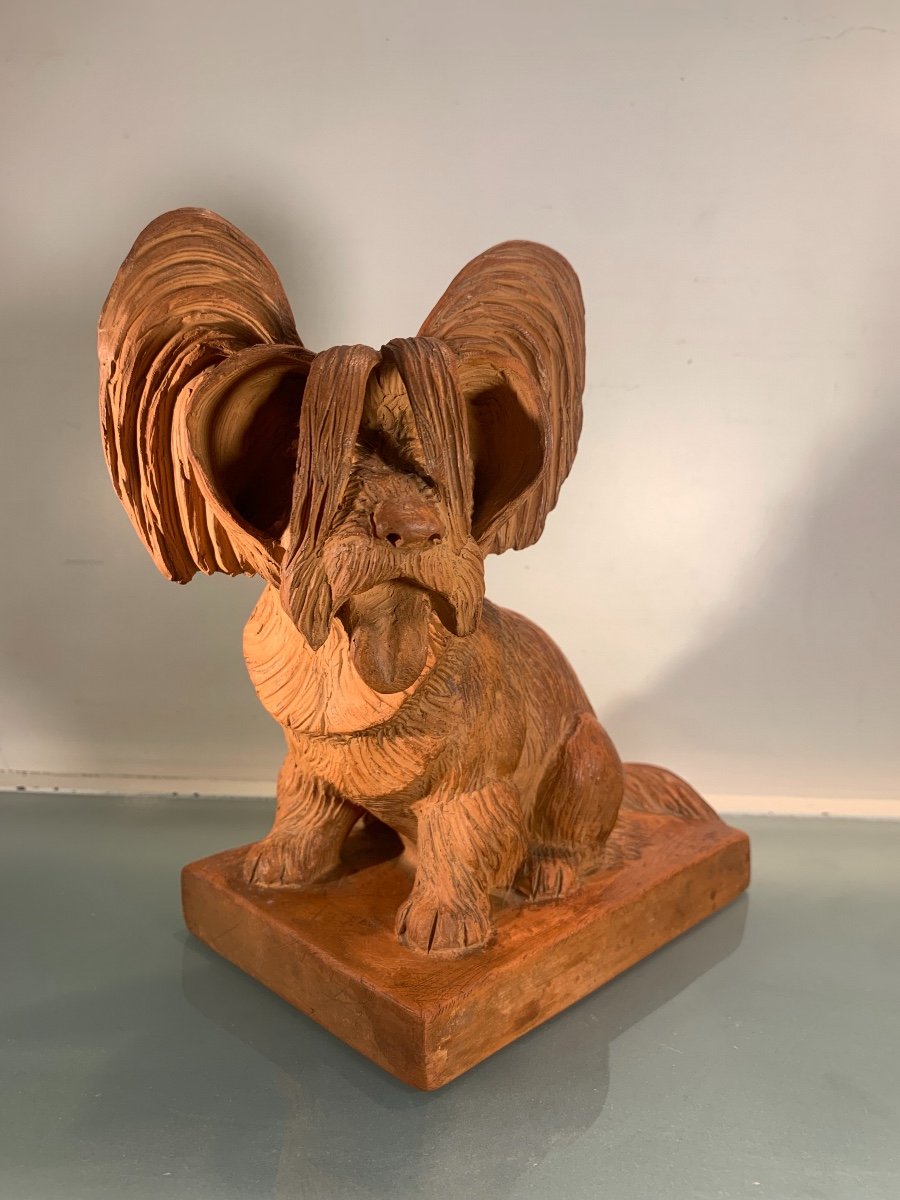 Terracotta Sculpture Of A Small Dog Signed Clem, 20th Century-photo-3