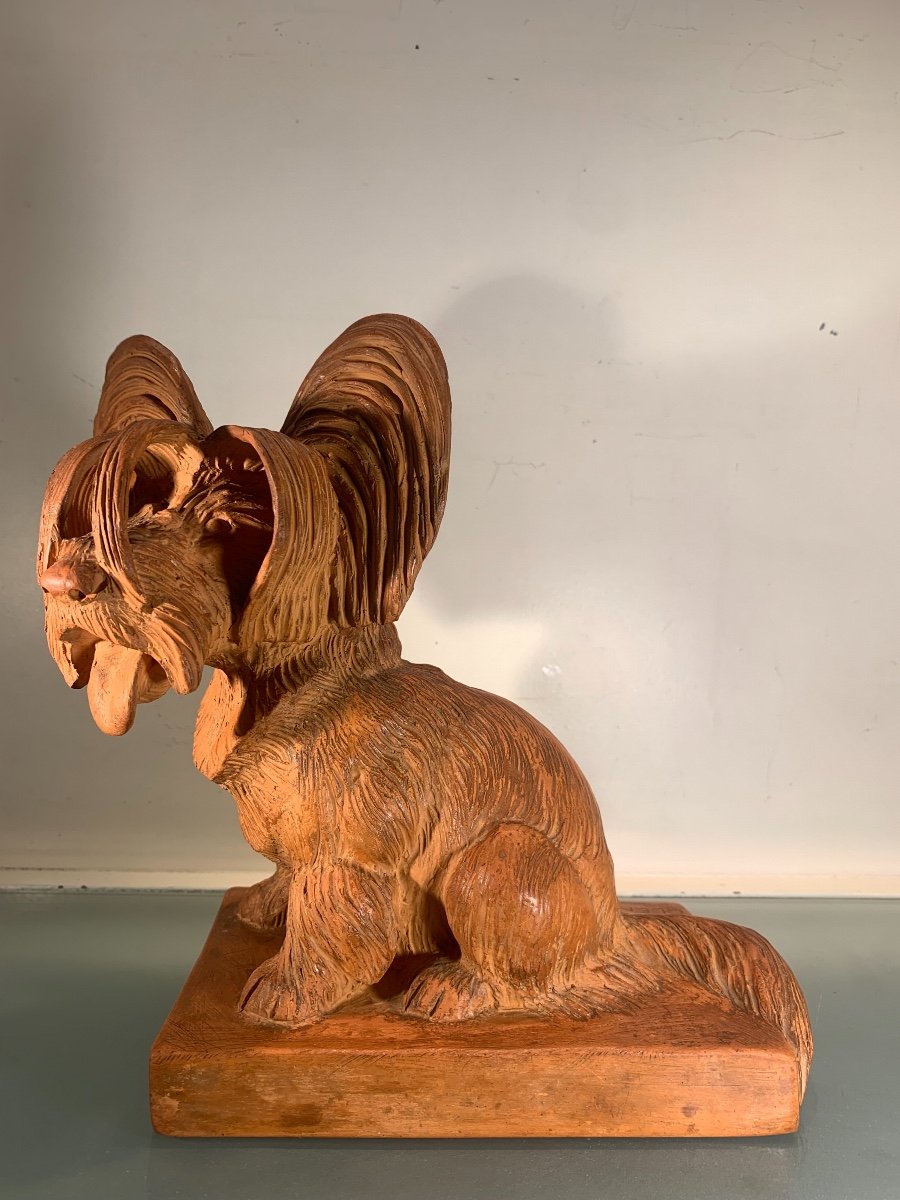 Terracotta Sculpture Of A Small Dog Signed Clem, 20th Century